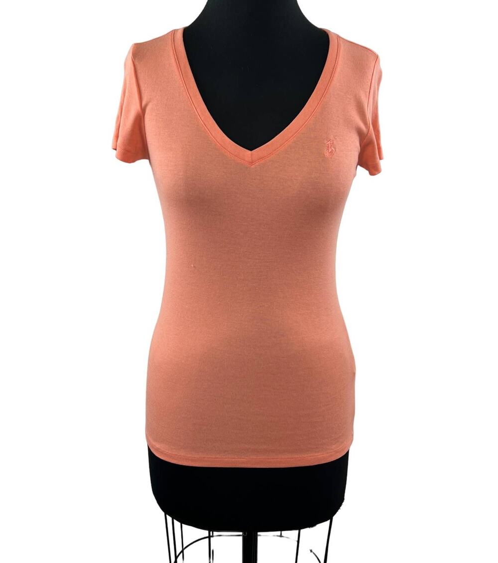 Ralph Lauren Women's Orange Cotton Lyocell V-Neck Short Sleeve Tee Shirt M